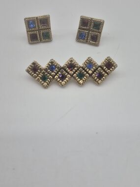 Gold-Tone Multi-Color Square Gem Clip Earrings and Brooch Set
